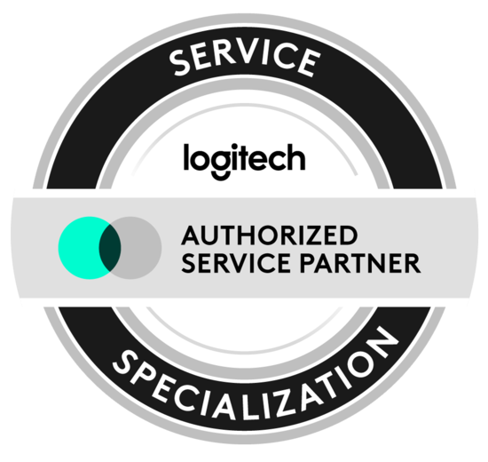 Sello de Logitech Authorized Service Partner que certifica a Ricoh como partner oficial de servicios.