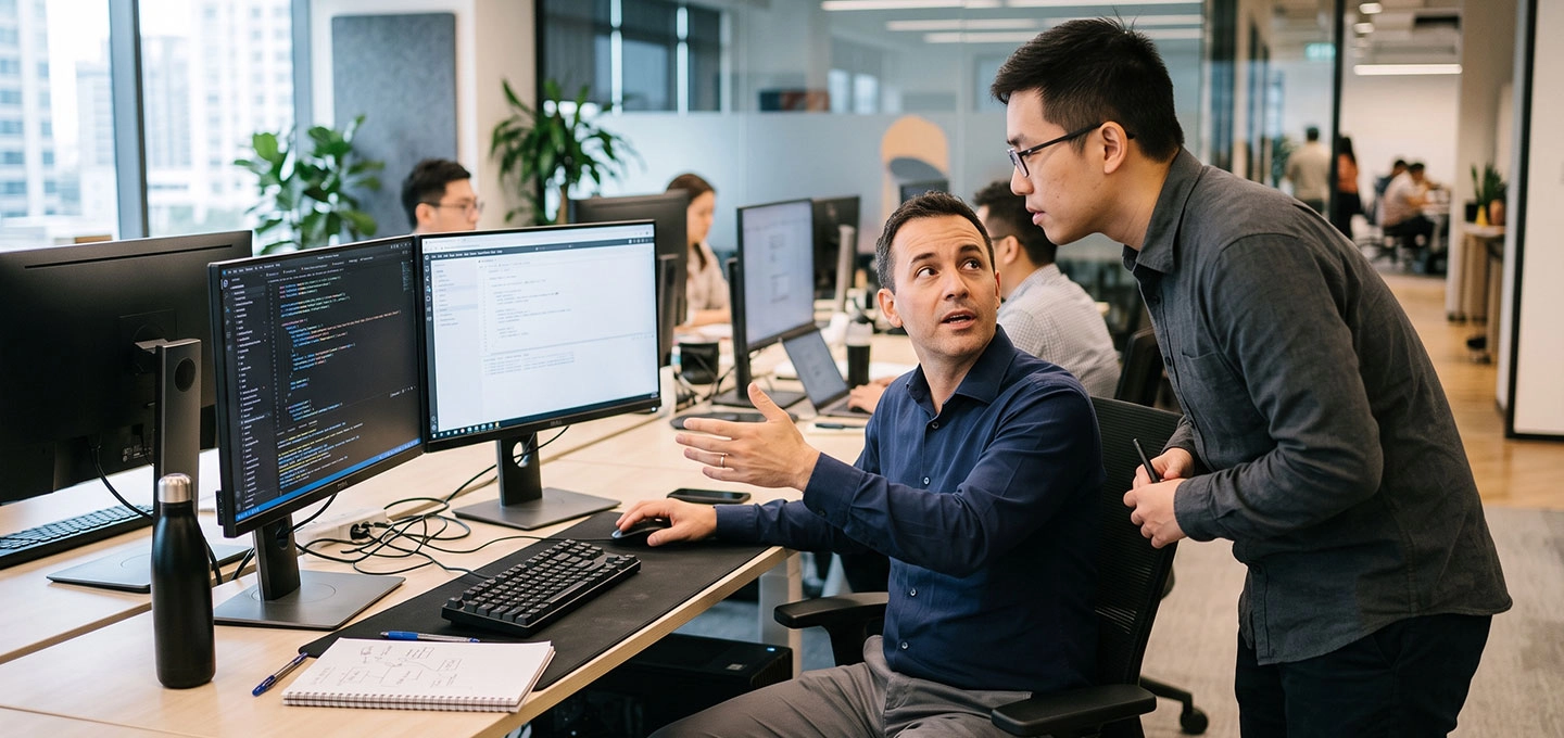 Equipo de especialistas en tecnología colaborando en proyectos de desarrollo de software, análisis de sistemas y transformación digital en una oficina moderna.