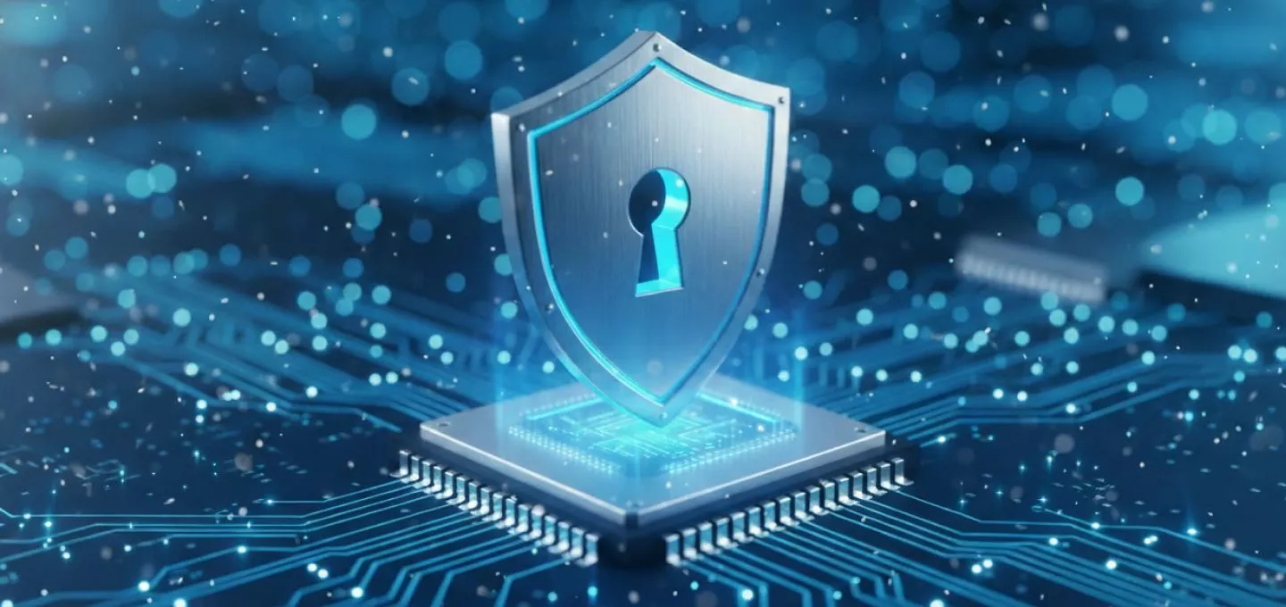  A digital, futuristic 3D rendering symbolizing cybersecurity and data protection. A glossy, metallic shield with a central keyhole cutout is prominently displayed, glowing blue, atop a microchip or CPU. The chip is set on a dark blue circuit board, with glowing traces and numerous bright blue bokeh lights in the background, emphasizing a secure, high-tech environment for information security.