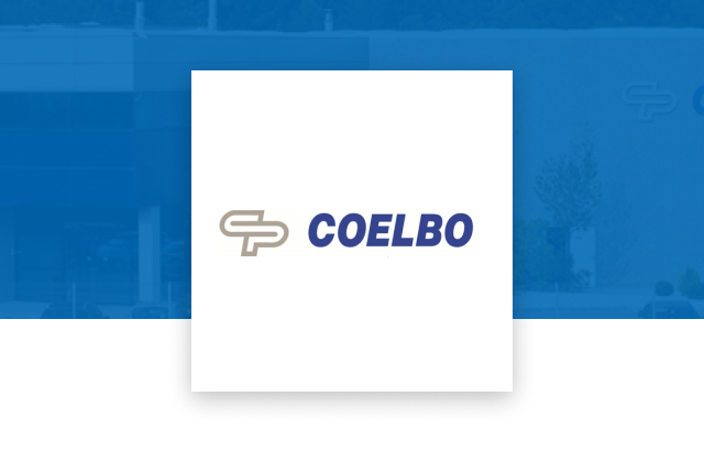 Logo de COELBO sobre fondo azul corporativo, imagen de marca profesional de soluciones para control y gestión de bombas de agua.