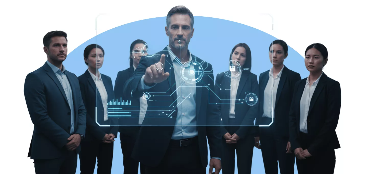 A corporate image suggesting AI consultation or digital transformation. A group of seven business professionals in dark suits are standing together. The central figure, a man, is looking directly at the viewer and touching a translucent, glowing blue holographic screen overlaid with technical data elements and interface graphics. The surrounding colleagues look serious and attentive. This imagery typically represents concepts like data analysis, security, technology leadership, or AI implementation within a business context.