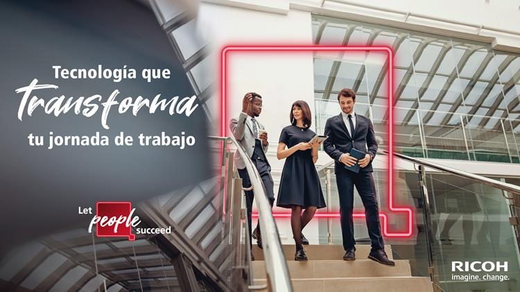 Photograph of three professionally dressed individuals walking down stairs inside a modern office building with glass walls and metal railings. Text in Spanish and English highlights technology transforming workdays and encourages letting people succeed, accompanied by Ricoh company logo.