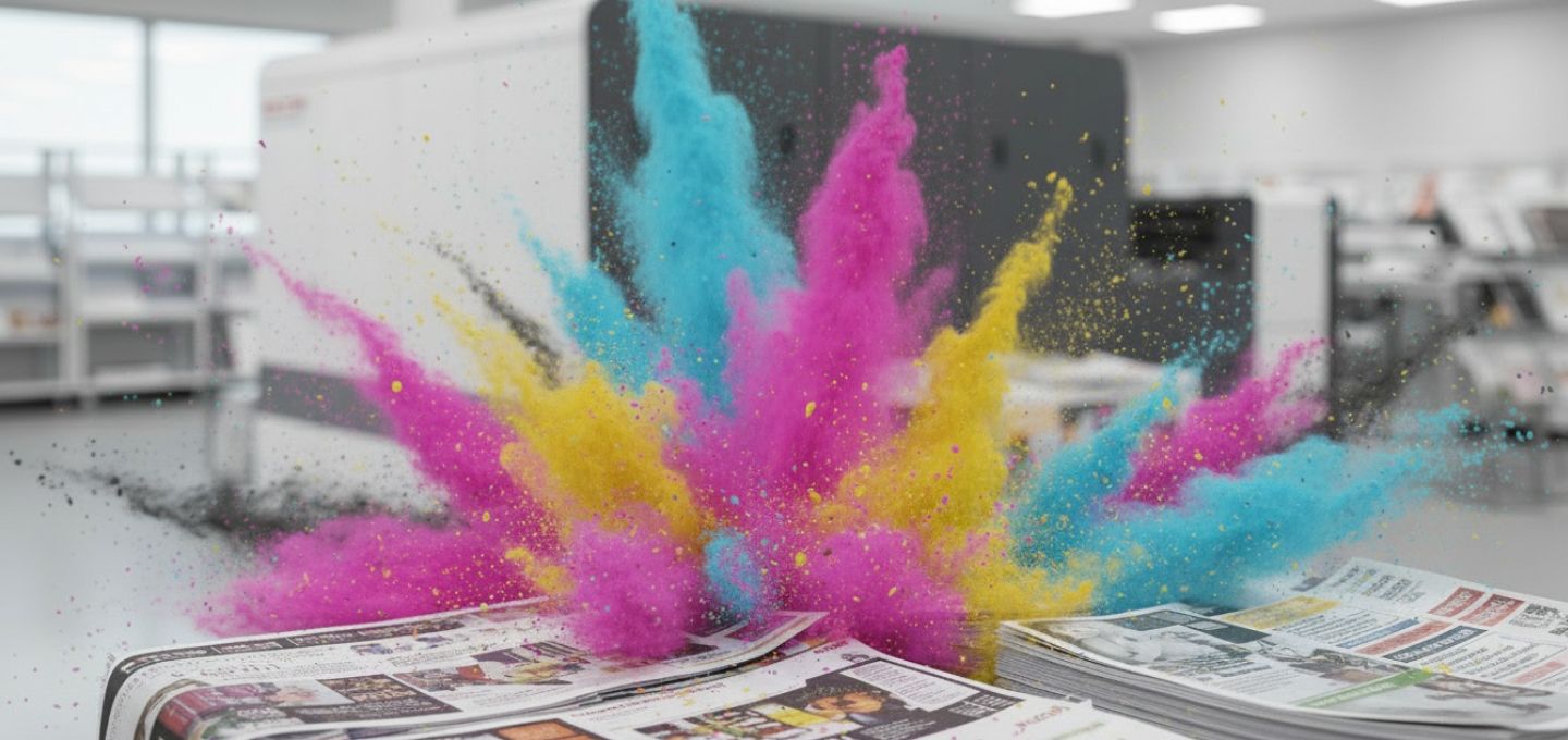 A professional showcase of the Ricoh Pro™ V20000 series demonstrating exceptional print quality with pigmented inks. On one side, the mono model produces crisp pages with deep, solid blacks and razor-sharp text, perfect for books and pharmaceutical leaflets. On the other, the color model outputs vibrant, full-color prints with smooth halftones and rich detail, suitable for direct mail and transactional documents. Sample prints are neatly displayed beside the press, emphasizing vivid colors, excellent water and lightfastness, and consistent results across applications. The environment is bright, modern, and efficient, highlighting both precision and versatility.