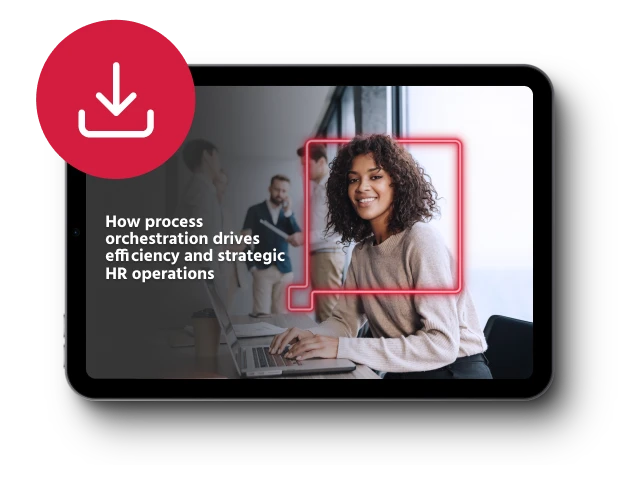 An image of a tablet displaying a digital document cover. The cover features a smiling woman with curly hair sitting at a desk, using a laptop, with colleagues in the background. A neon-style speech bubble outline highlights her. The text on the screen reads: "How process orchestration drives efficiency and strategic HR operations." A red circular download icon with a white arrow is placed on the top left corner of the image.