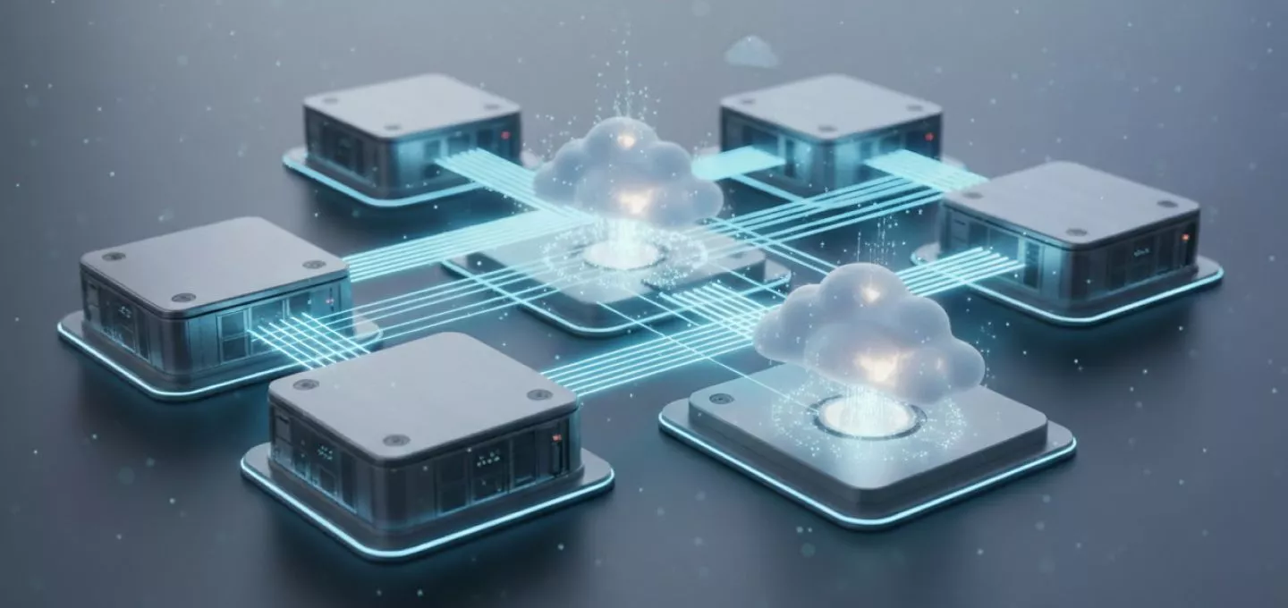  A high-tech, futuristic 3D rendering illustrating a cloud computing or network infrastructure concept. Five square, metallic data center nodes or servers are interconnected by glowing blue lines representing data flow. Two of these connections lead into stylized, luminous cloud icons positioned above the nodes, indicating data being processed or stored in the cloud. The overall image suggests a decentralized, powerful network or AI infrastructure.