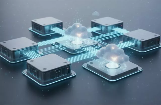  A high-tech, futuristic 3D rendering illustrating a cloud computing or network infrastructure concept. Five square, metallic data center nodes or servers are interconnected by glowing blue lines representing data flow. Two of these connections lead into stylized, luminous cloud icons positioned above the nodes, indicating data being processed or stored in the cloud. The overall image suggests a decentralized, powerful network or AI infrastructure.