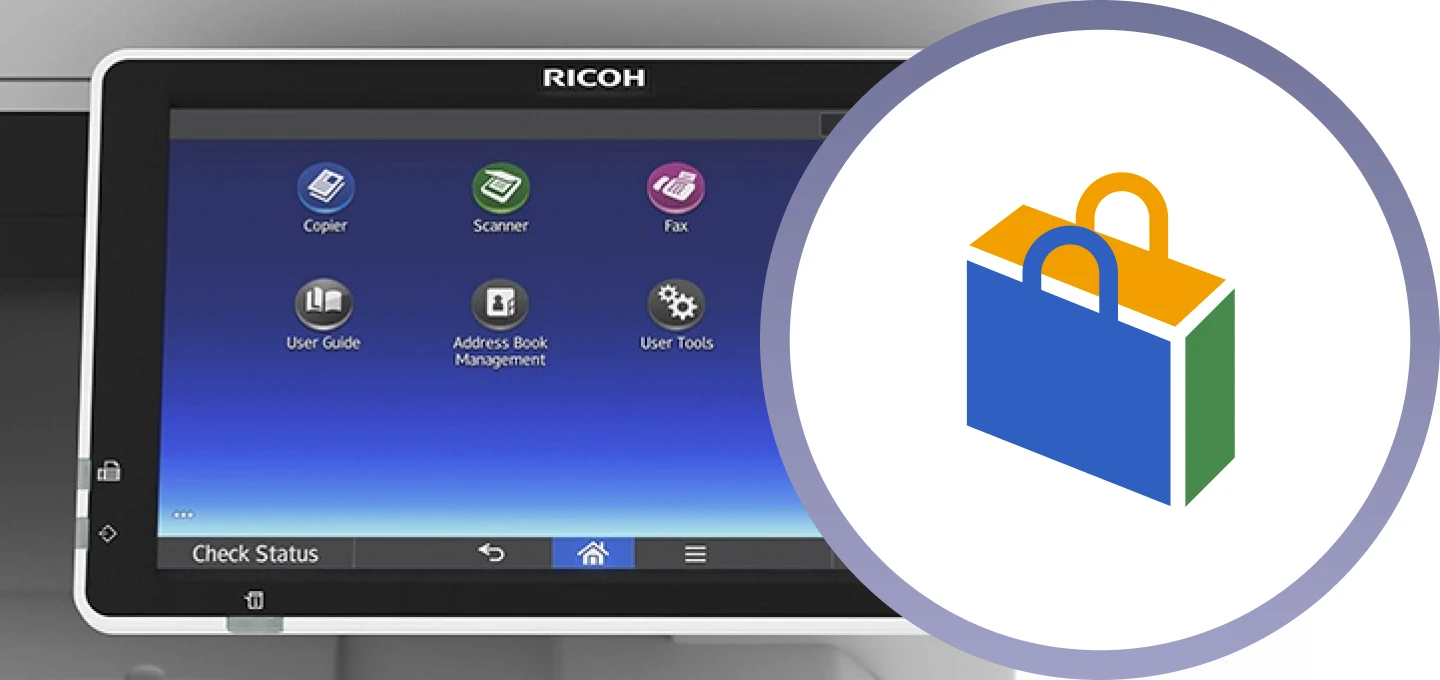 A Ricoh printer's Smart Operation Panel with the Smart application Site icon highlighted, showing how to access it.